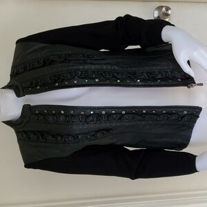 Peter Nygard Black Leather and Knit Jacket with Stud and Ruffle Trim Size S
